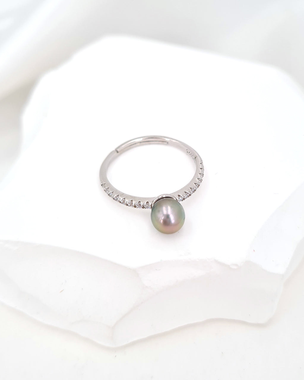 Akoya Pearl Ring - Silver Blue with Green Pink Sheen Akoya Pearl