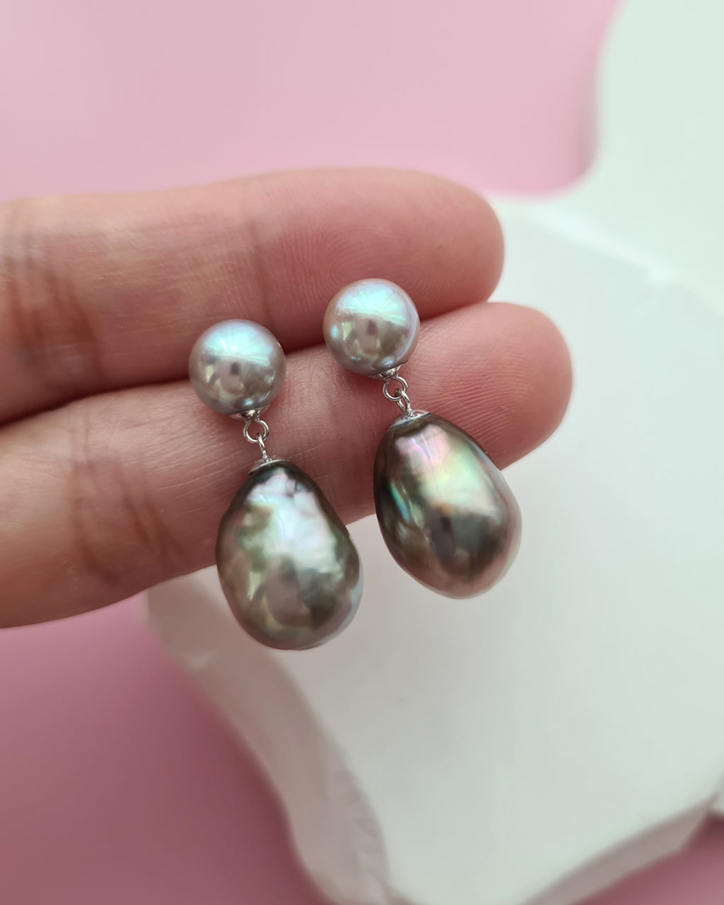 Akoya Pearl and Tahitian Pearl 18K White Gold Earrings - Double Pearl