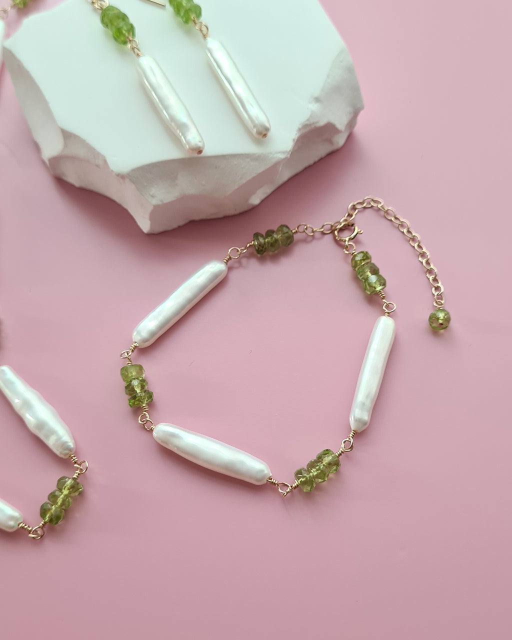 Baroque Pearl and Green Peridot Necklace, Bracelet, Earrings, Handmade Pearl jewelry set in Singapore