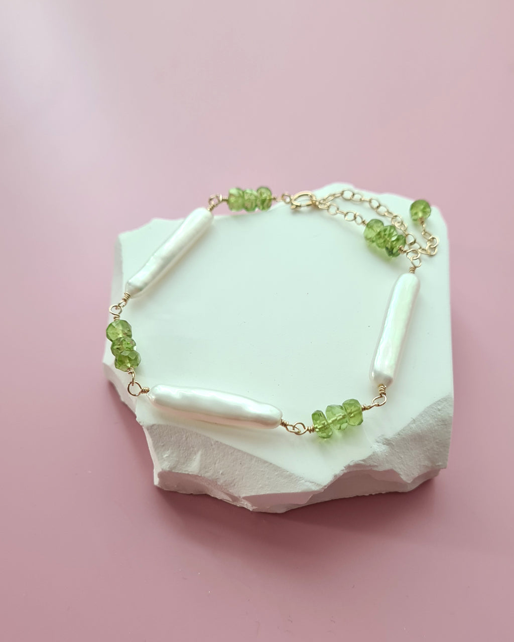 Baroque Pearl and Green Peridot Necklace, Bracelet, Earrings, Handmade Pearl jewelry set in Singapore