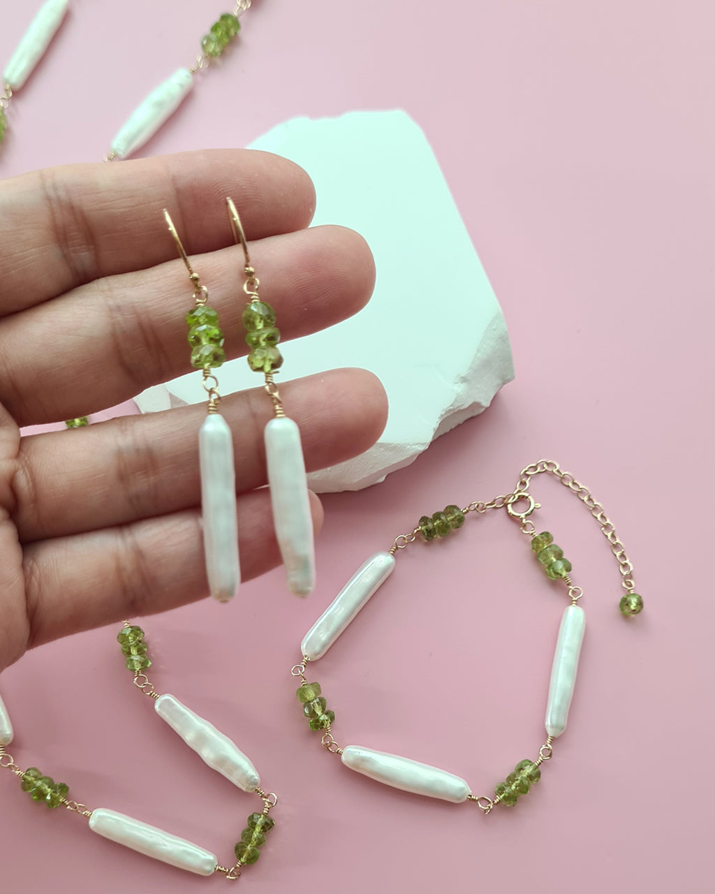 Baroque Pearl and Green Peridot Necklace, Bracelet, Earrings, Handmade Pearl jewelry set in Singapore
