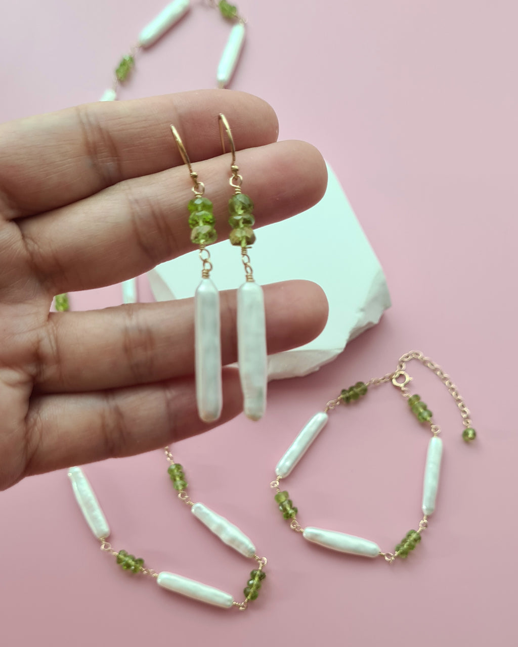Baroque Pearl and Green Peridot Necklace, Bracelet, Earrings, Handmade Pearl jewelry set in Singapore