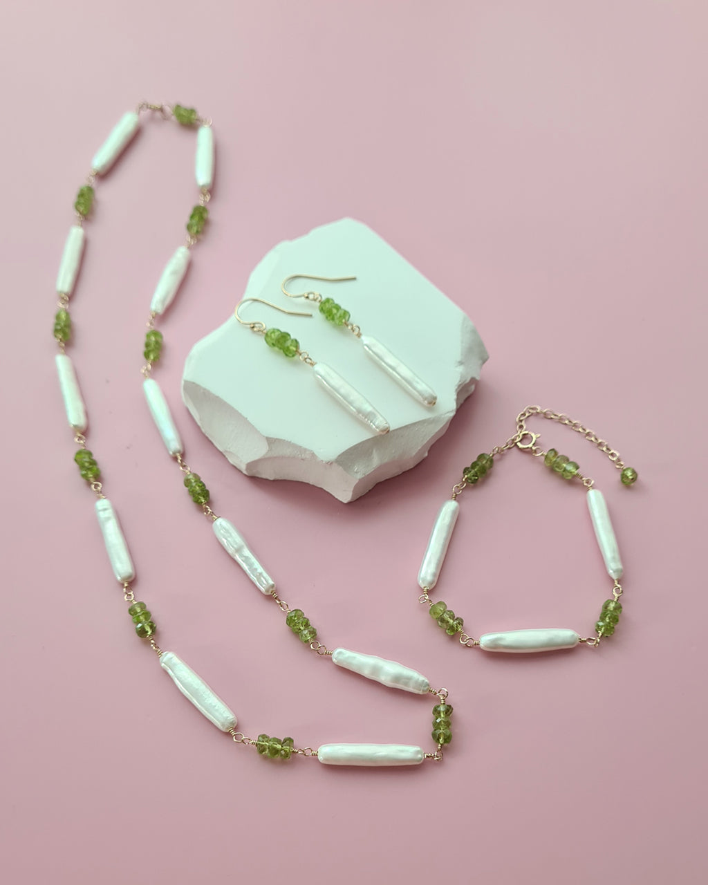 Baroque Pearl and Green Peridot Necklace, Bracelet, Earrings, Handmade Pearl jewelry set in Singapore
