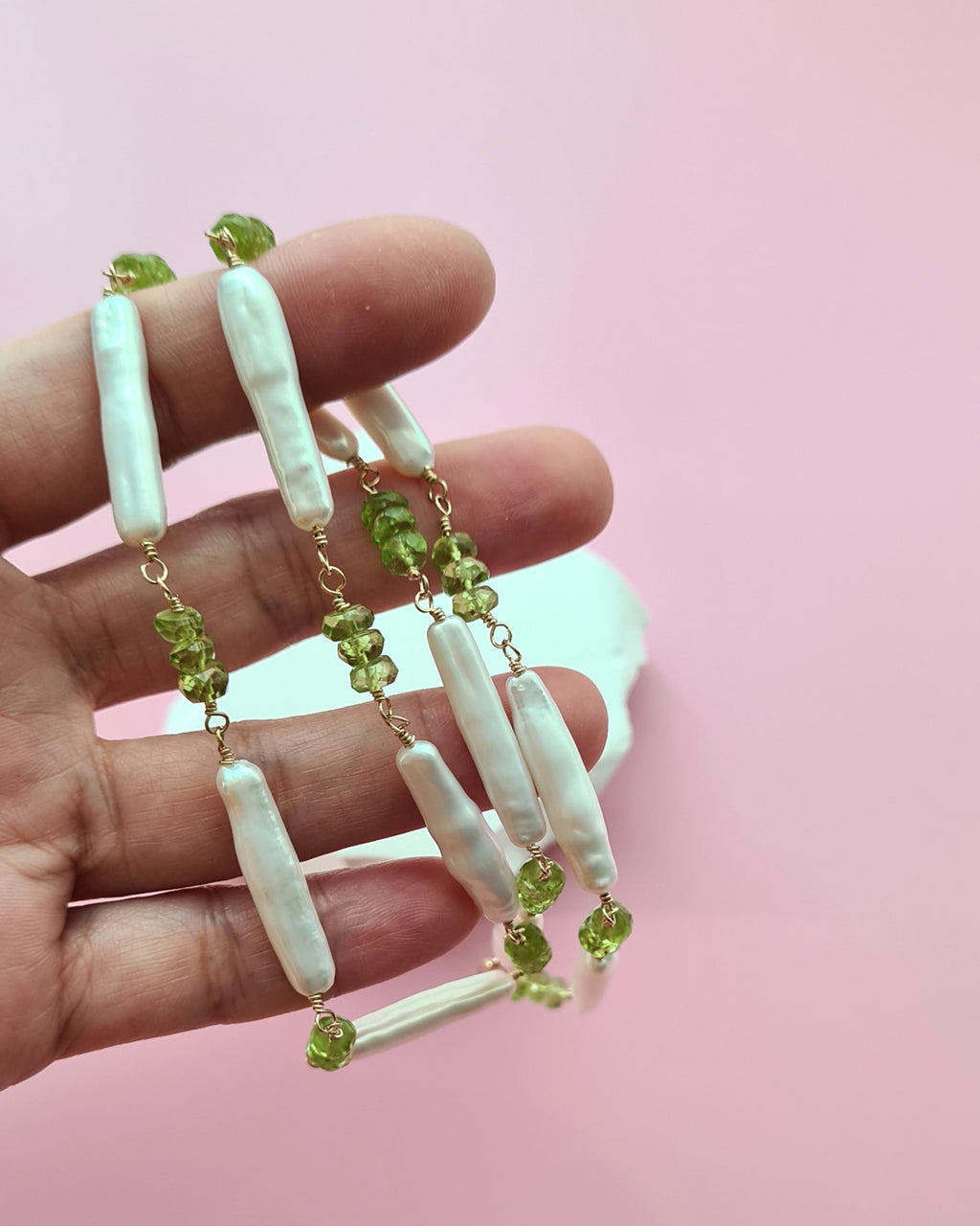 Baroque Pearl and Green Peridot Necklace, Handmade Pearl jewelry in Singapore