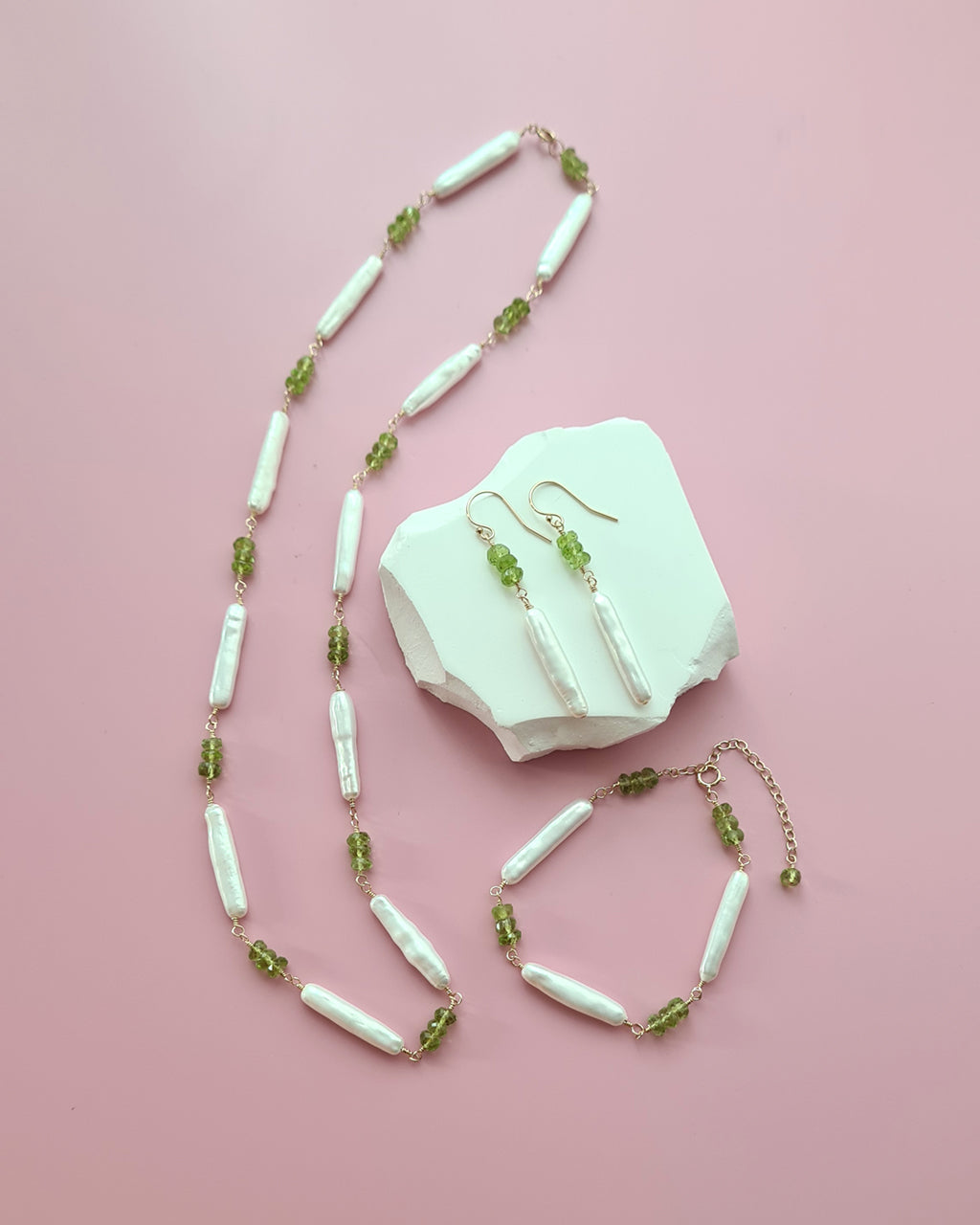 Baroque Pearl and Green Peridot Necklace, Bracelet, Earrings, Handmade Pearl jewelry set in Singapore
