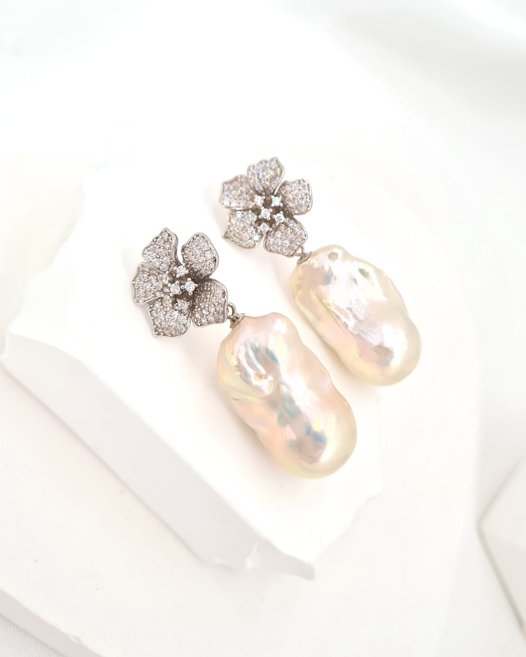 Baroque Pearl Earrings - Floral Big White Baroque Pearl Drop Earrings, Singapore