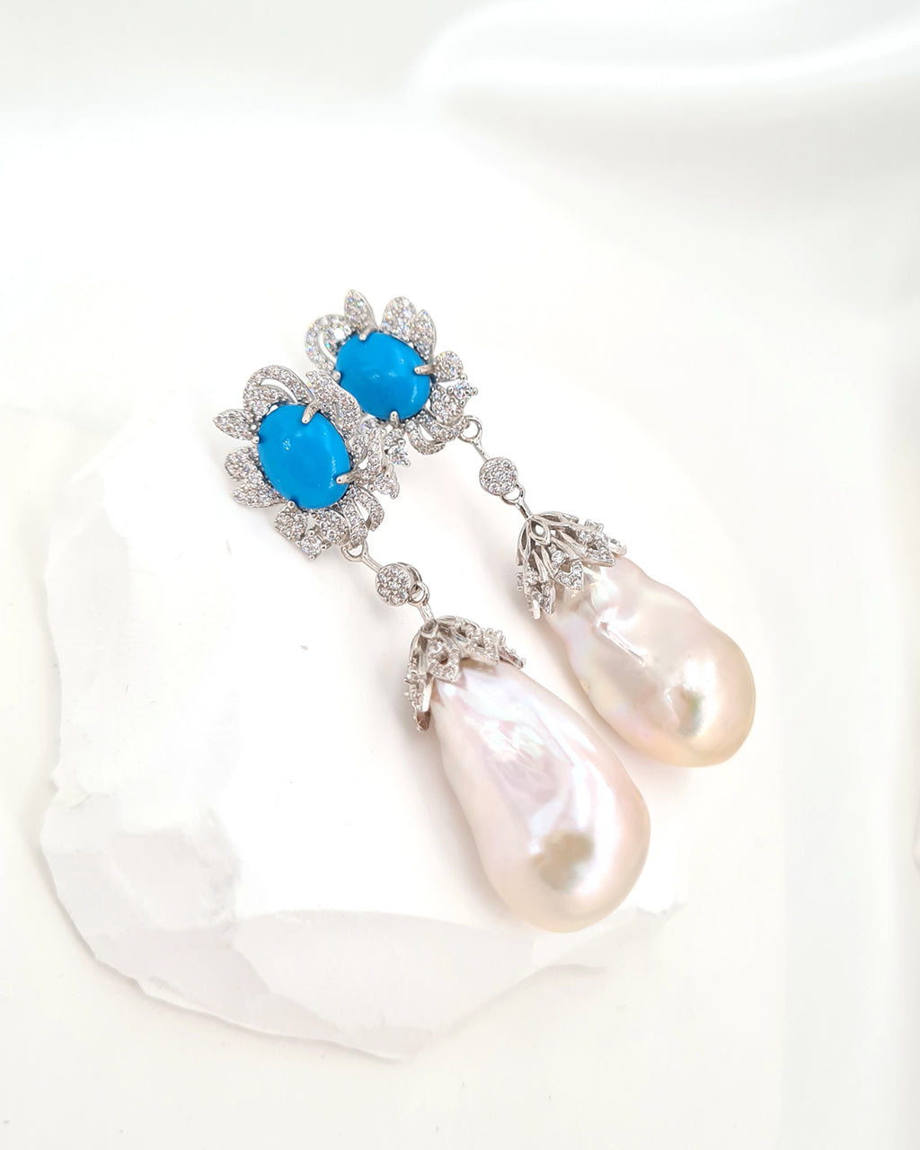 Baroque Pearl Earrings - Blue Stone Floral Pearl Statement Earrings | Wedding Something Blue Earrings