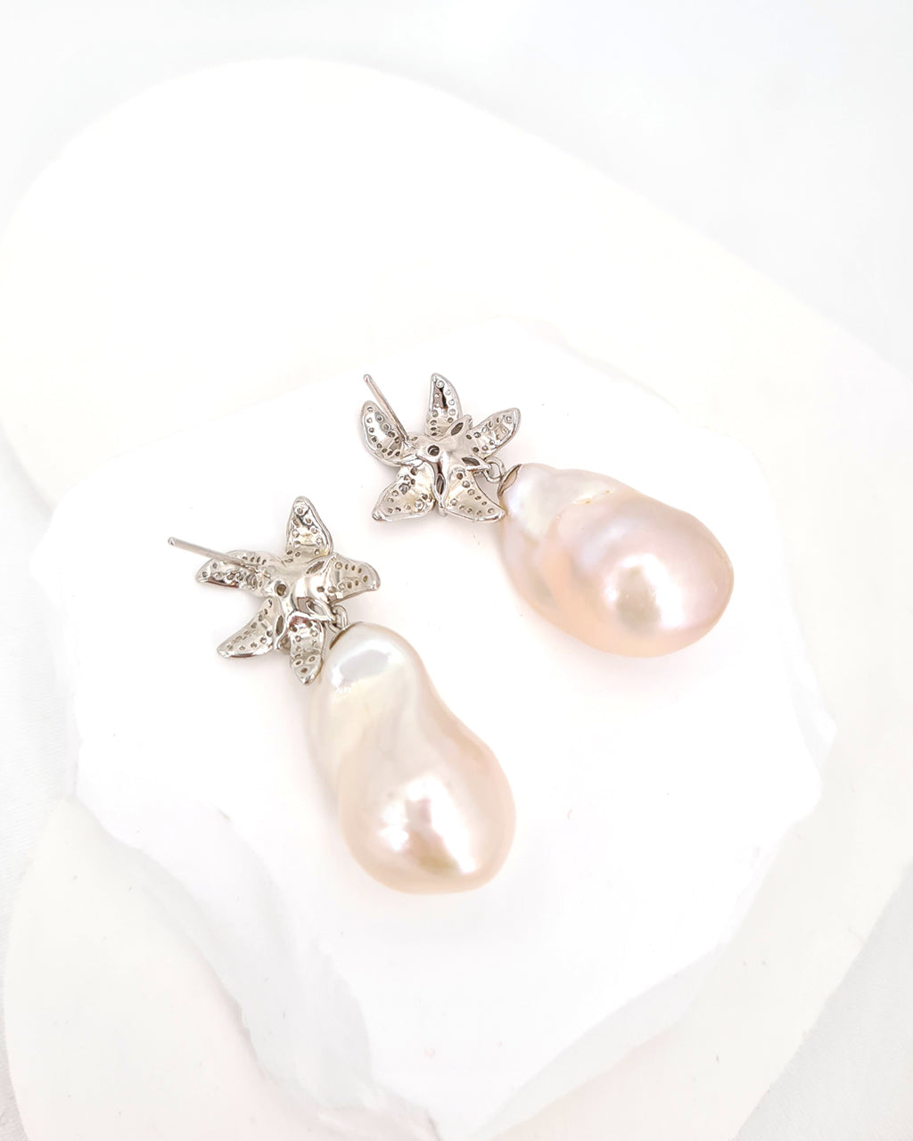 Large White Baroque Pearl Earrings - Lily Floral