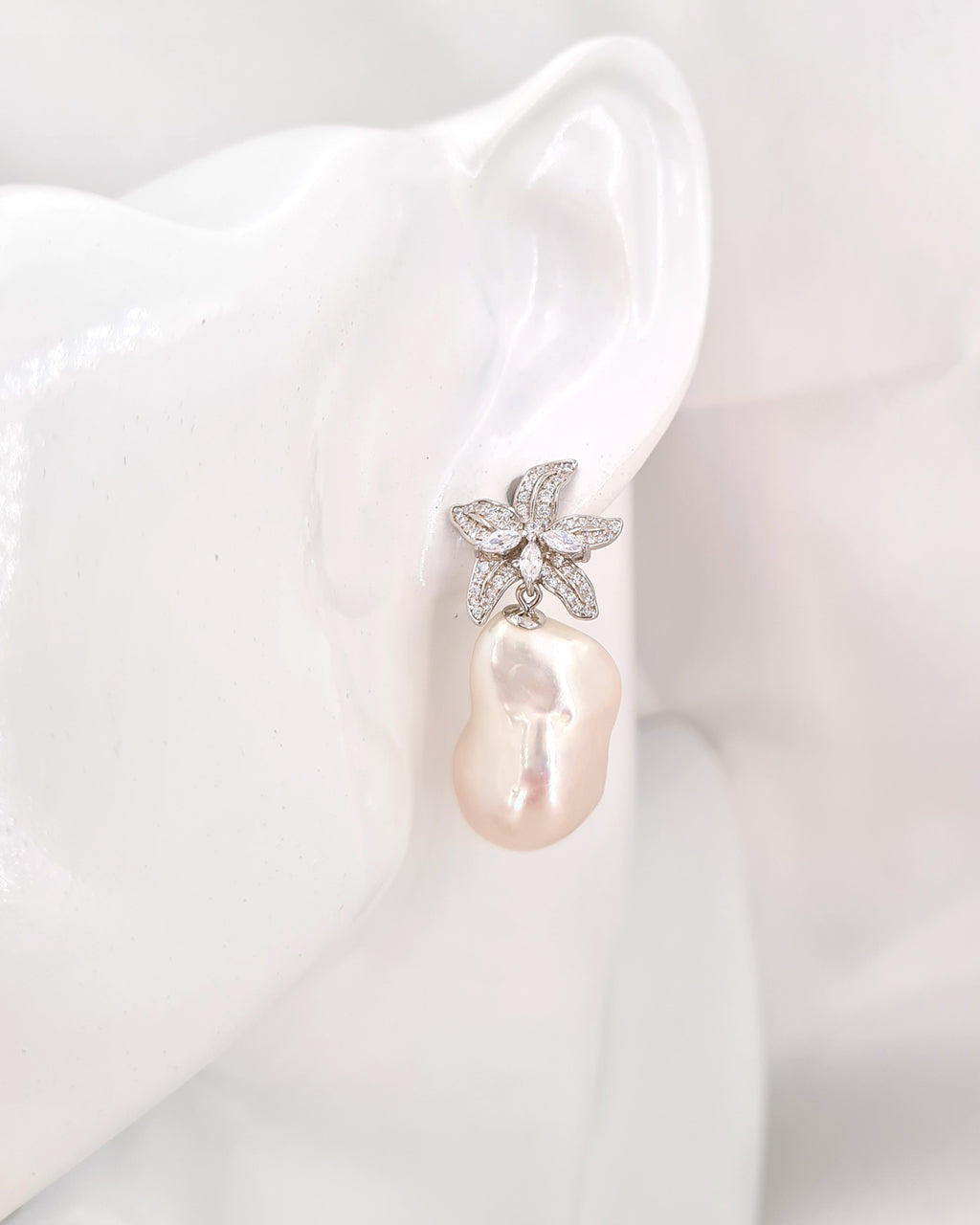 Large White Baroque Pearl Earrings - Lily Floral