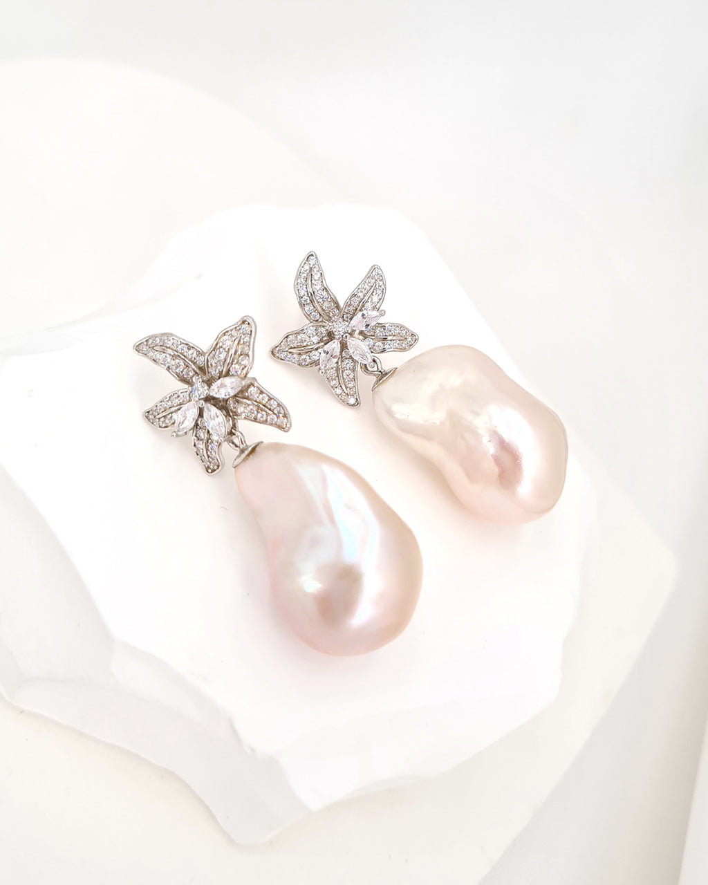 Large White Baroque Pearl Earrings - Lily Floral