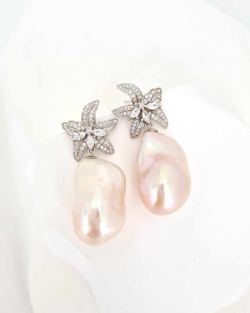 Large White Baroque Pearl Earrings - Lily Floral