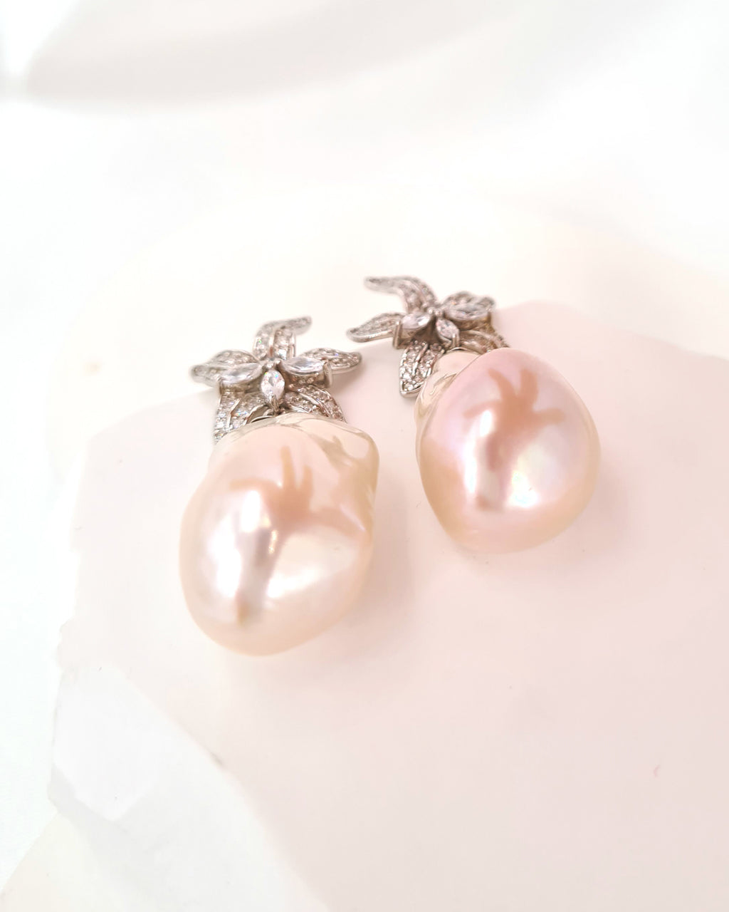 Large White Baroque Pearl Earrings - Lily Floral