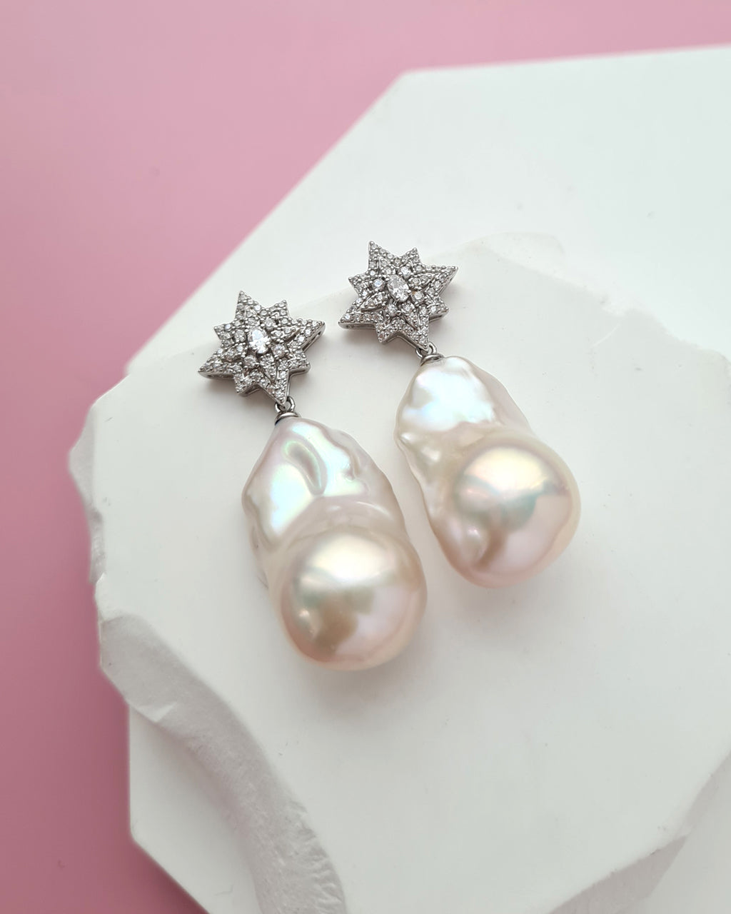 Large White Baroque Pearl Earrings - Star burst Earrings