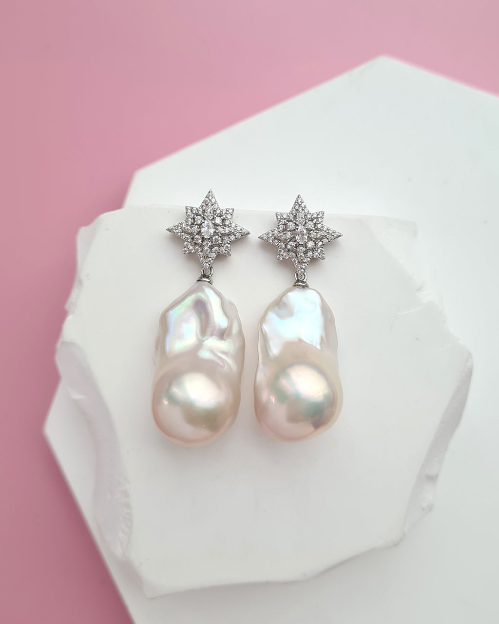 Large White Baroque Pearl Earrings - Star burst Earrings