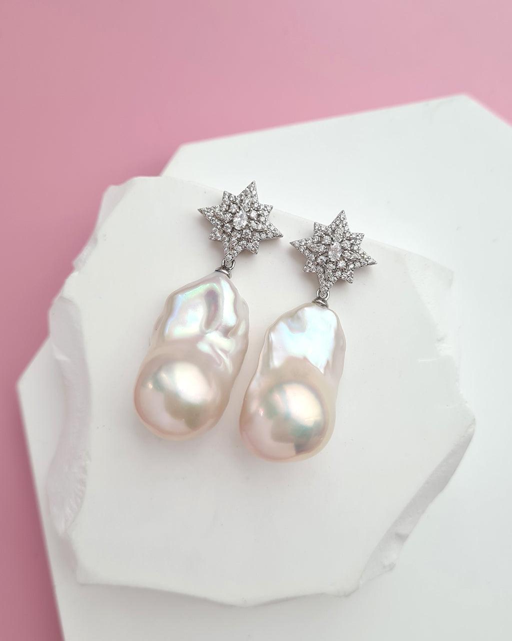 Large White Baroque Pearl Earrings - Star burst Earrings