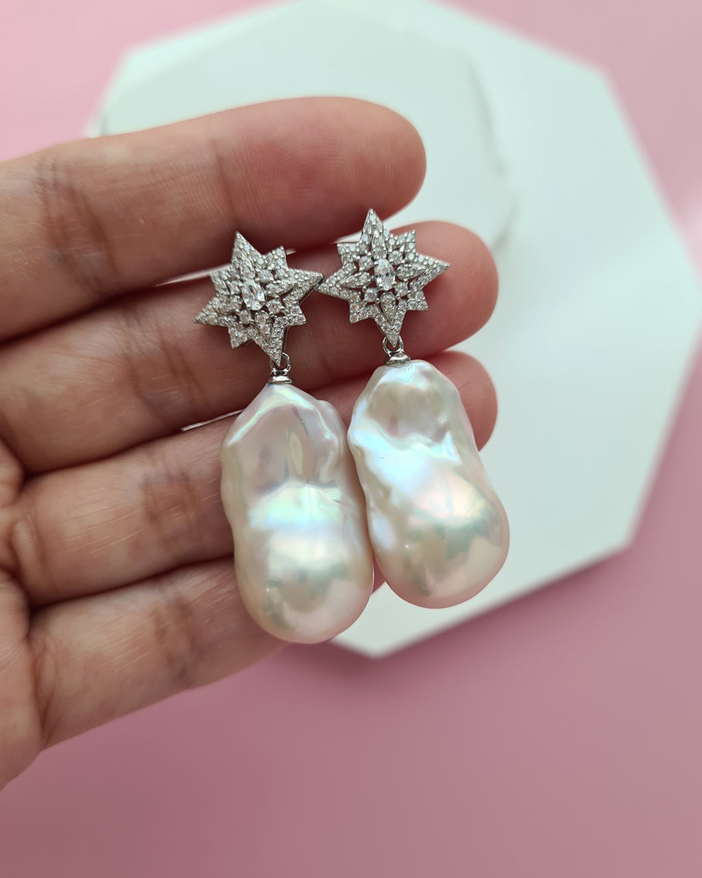 Large White Baroque Pearl Earrings - Star burst Earrings