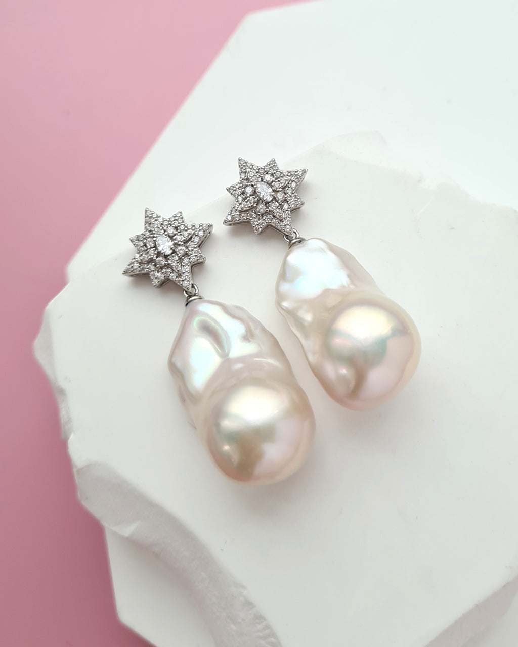 Large White Baroque Pearl Earrings - Star burst Earrings