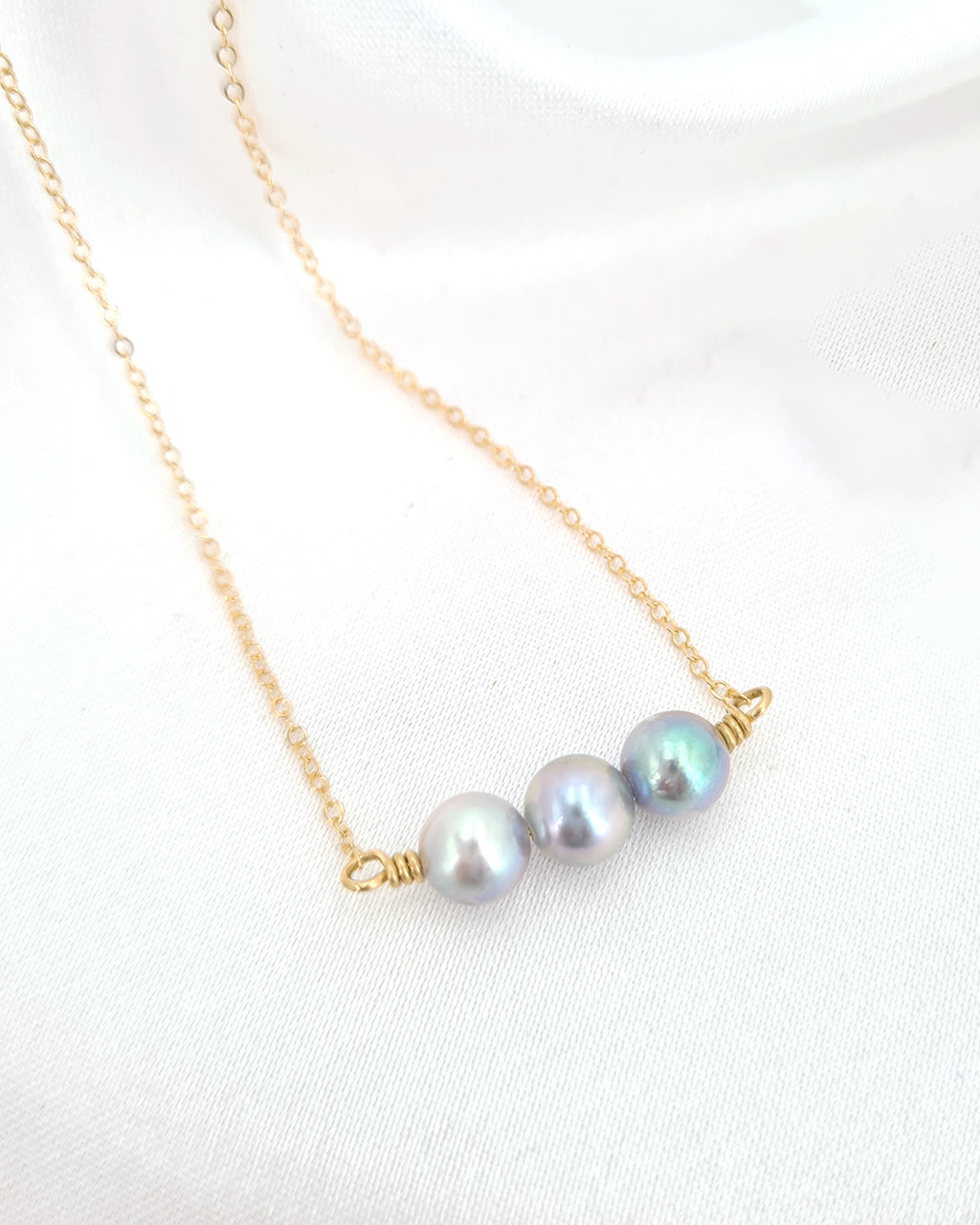 Glimmering Akoya Silver-Blue Pearl Trio Necklace | Handmade Akoya Pearl Jewelry | Something Blue for Brides in Wedding 