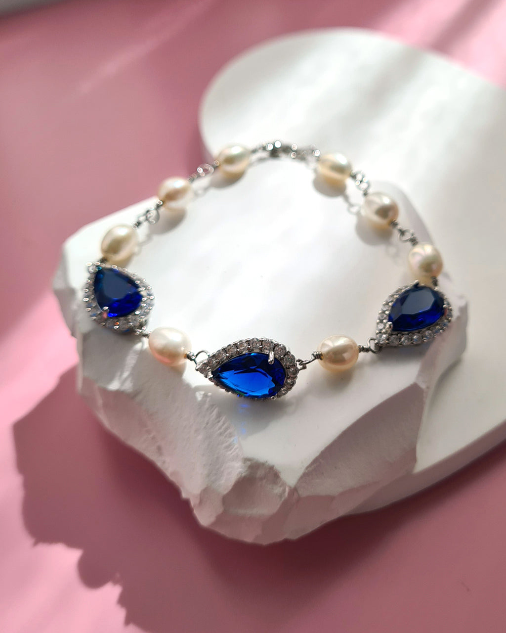 Blue Teardrop and Freshwater White Pearl Bracelet - Something Blue