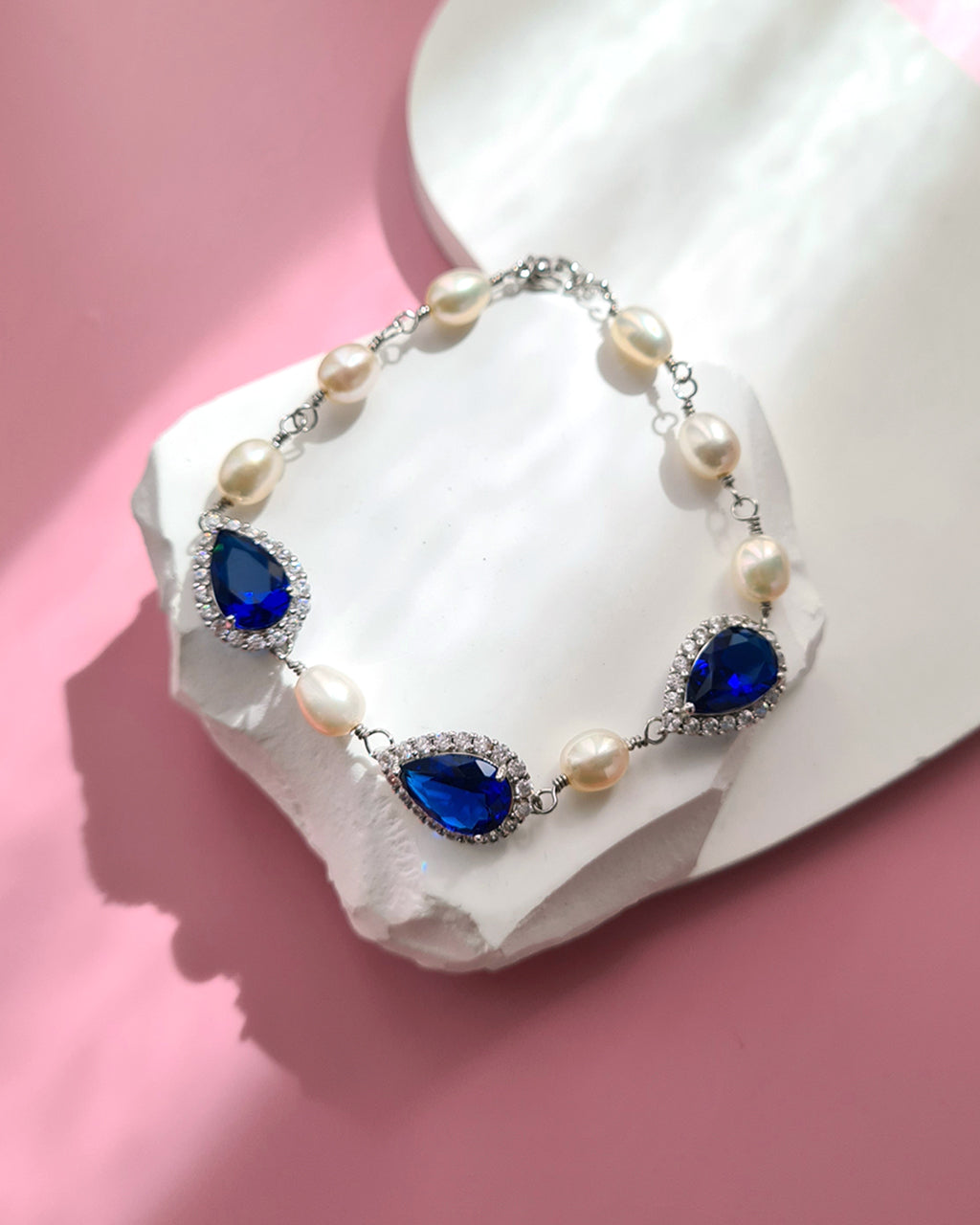 Blue Teardrop and Freshwater White Pearl Bracelet - Something Blue