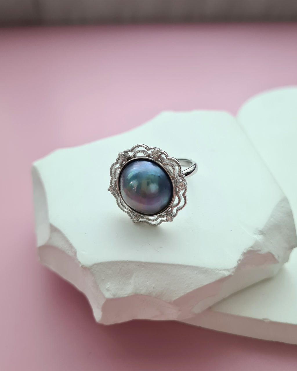 Blue Mabe Pearl Ring - 14mm+ Lace Cocktail Ring