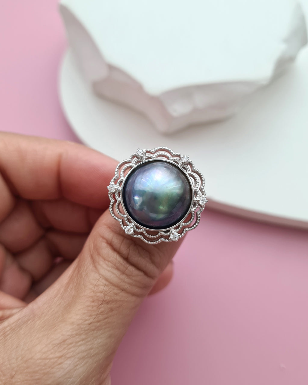 Blue Mabe Pearl Ring - 14mm+ Lace Cocktail Ring