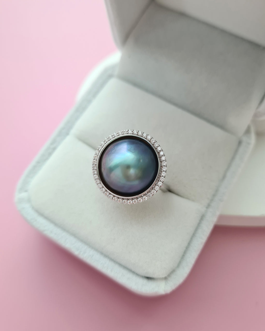 Blue Mabe Pearl Ring - 14mm+ Halo Cocktail Ring Sterling Silver Pearl Jewelry