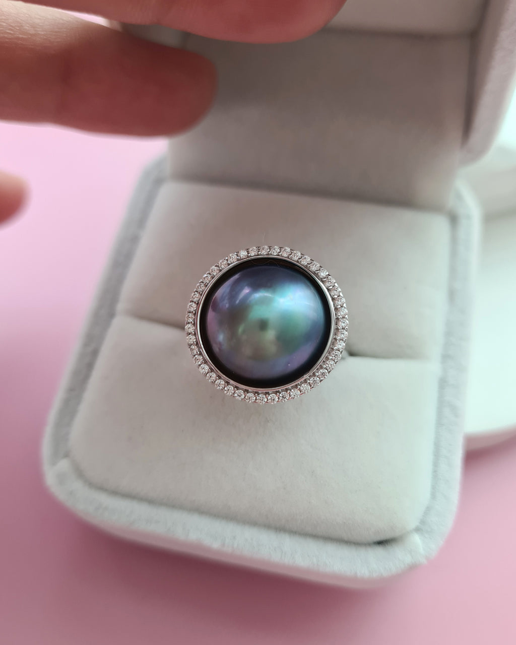 Blue Mabe Pearl Ring - 14mm+ Halo Cocktail Ring Sterling Silver Pearl Jewelry
