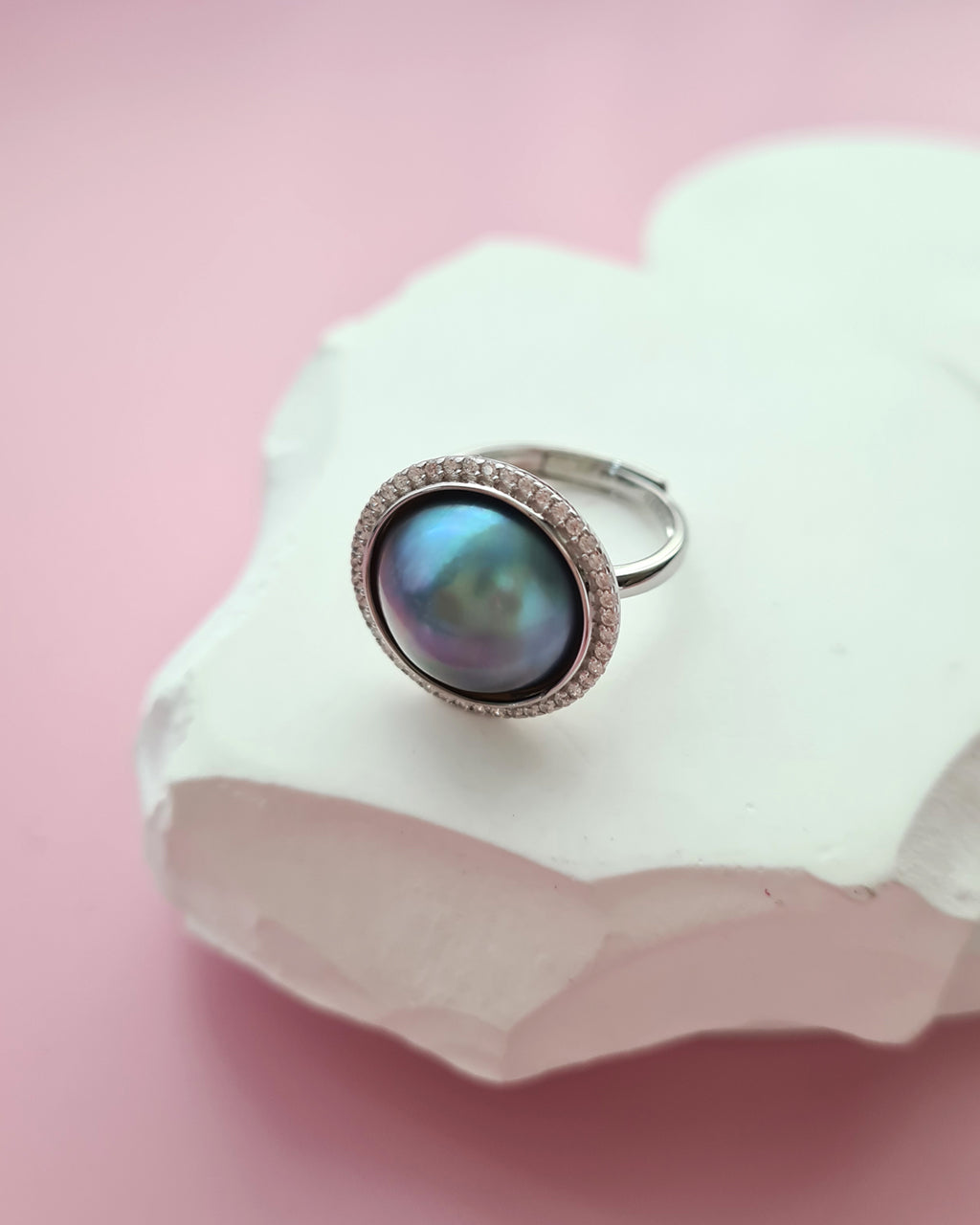 Blue Mabe Pearl Ring - 14mm+ Halo Cocktail Ring Sterling Silver Pearl Jewelry