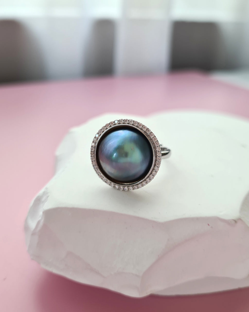Blue Mabe Pearl Ring - 14mm+ Halo Cocktail Ring Sterling Silver Pearl Jewelry