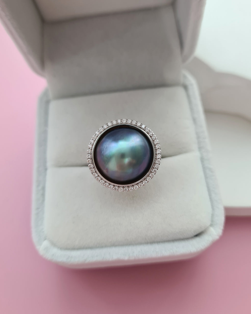 Blue Mabe Pearl Ring - 14mm+ Halo Cocktail Ring Sterling Silver Pearl Jewelry