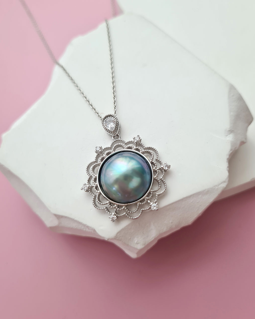 Blue Mabe Pearl Necklace - 14mm+ Lace Frame, Handmade Pearl Jewelry in Singapore
