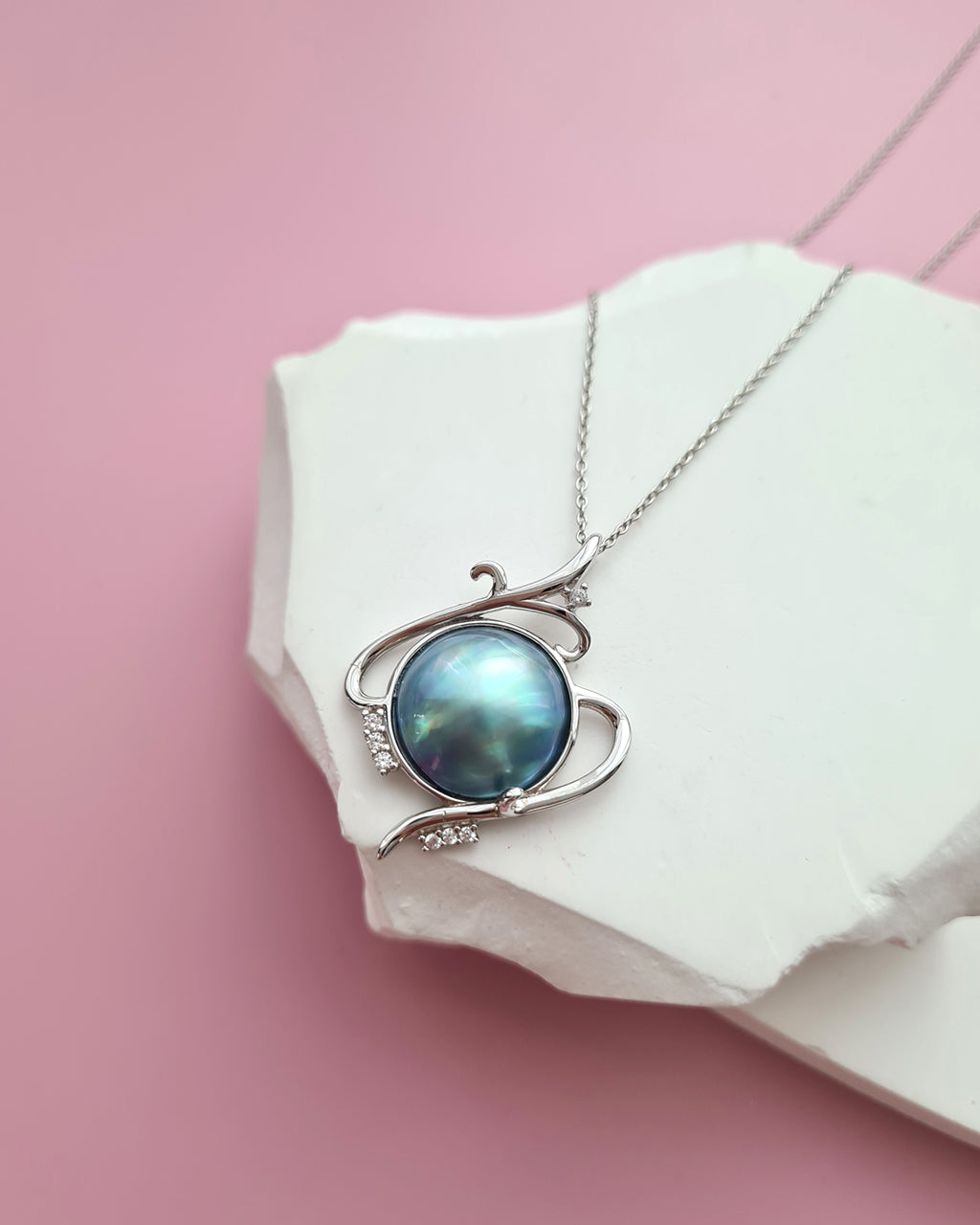 Blue Mabe Pearl Necklace - 14mm+ Floral, handmade pearl jewelry in Singapore