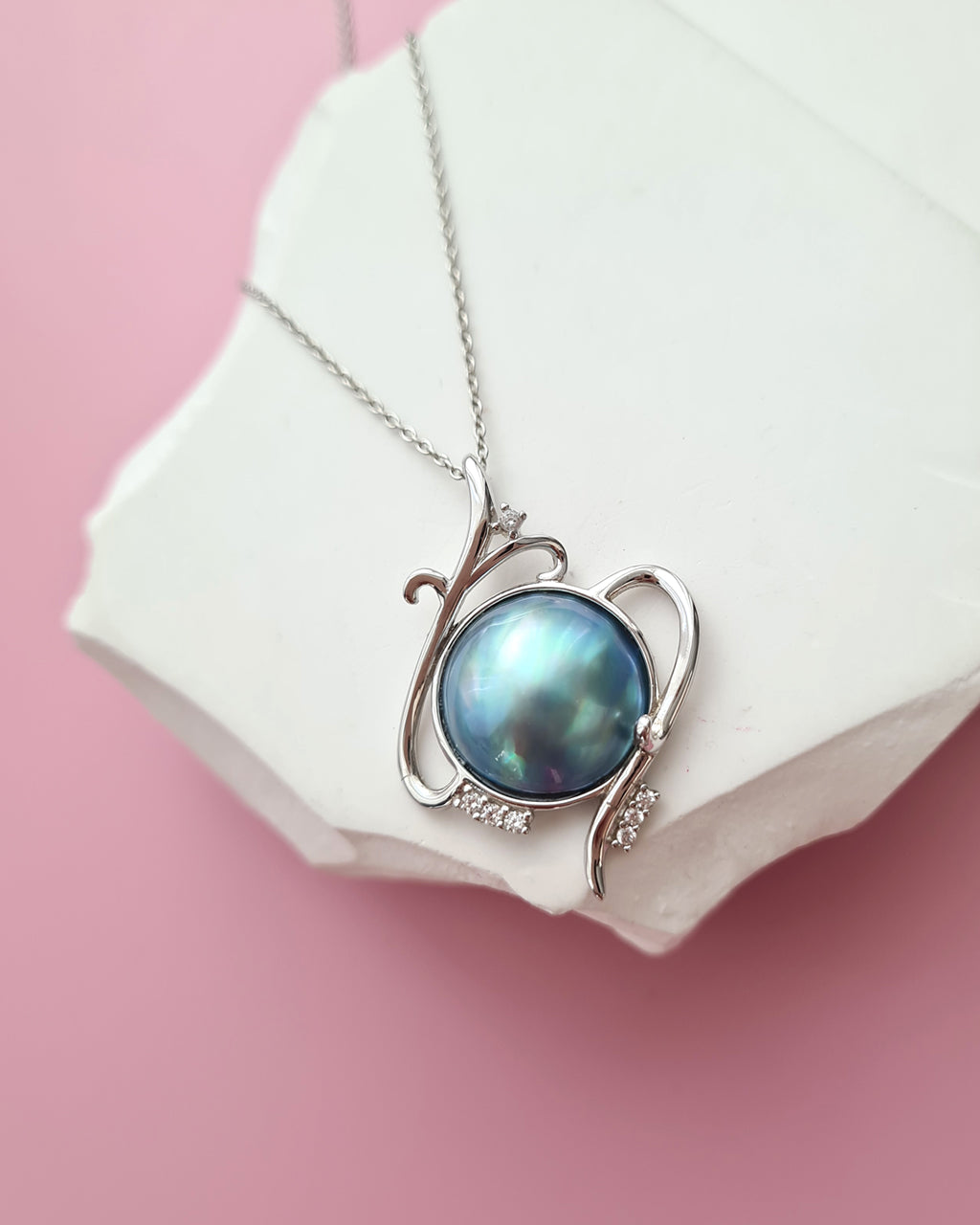 Blue Mabe Pearl Necklace - 14mm+ Floral, handmade pearl jewelry in Singapore