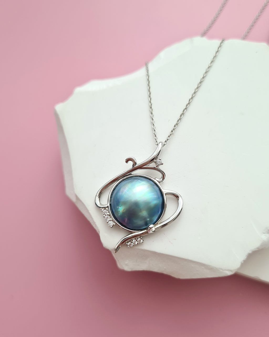 Blue Mabe Pearl Necklace - 14mm+ Floral, handmade pearl jewelry in Singapore