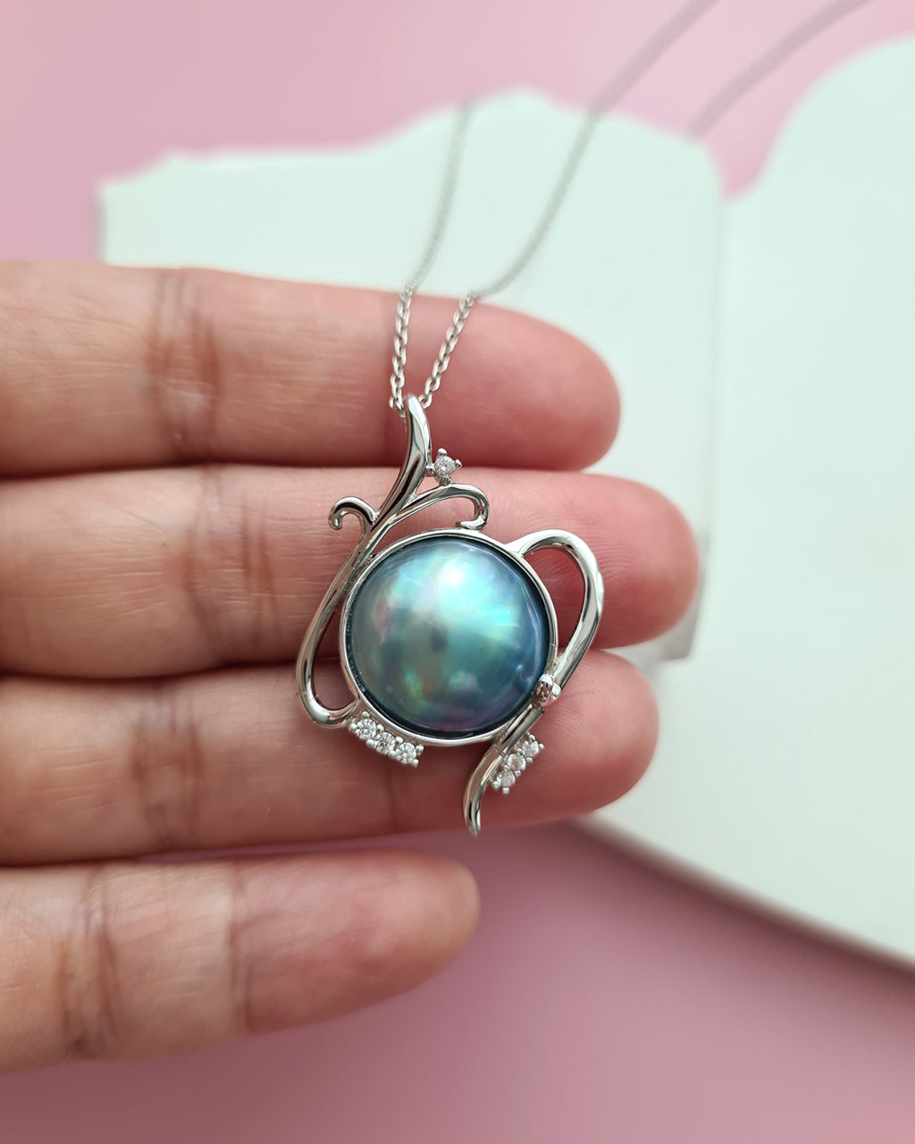 Blue Mabe Pearl Necklace - 14mm+ Floral, handmade pearl jewelry in Singapore