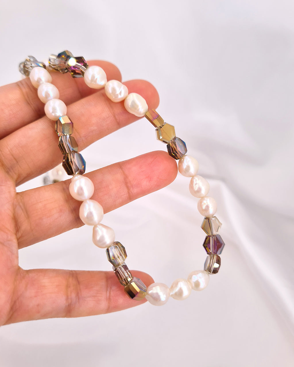 Contemporary White Baroque Pearl Necklace with Smoky Quartz