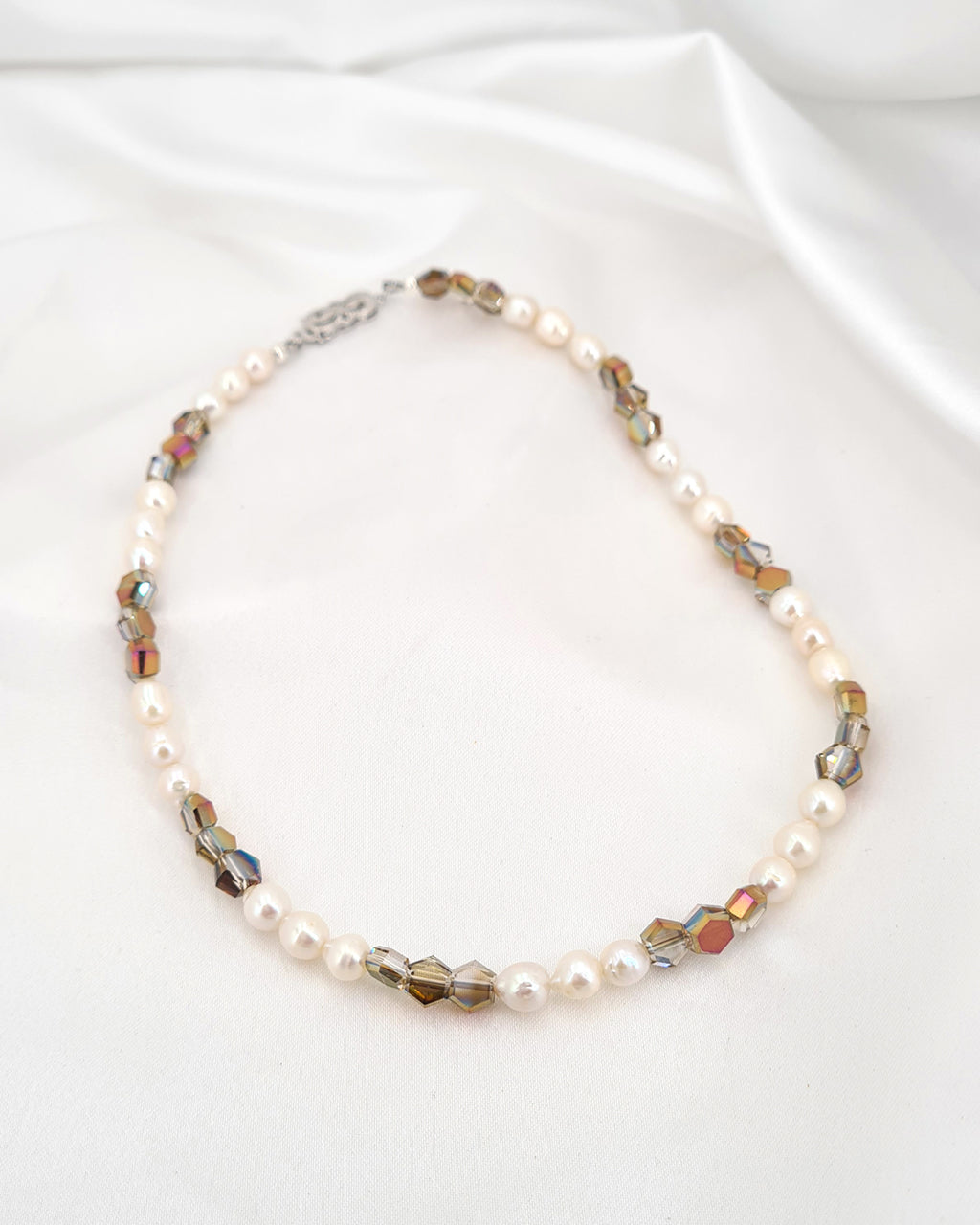 Contemporary Small White Baroque Pearl Necklace with Smoky Quartz Hexagons