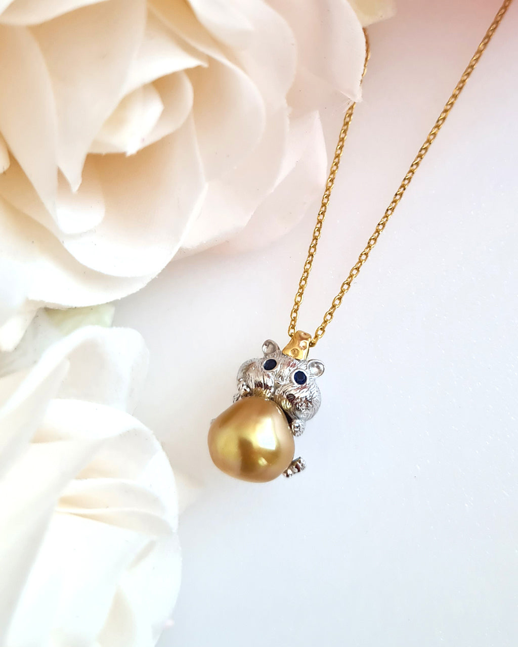 Cute Hamster Pendant Necklace with South Sea Pearl | Modern Everyday Pearl Jewelry