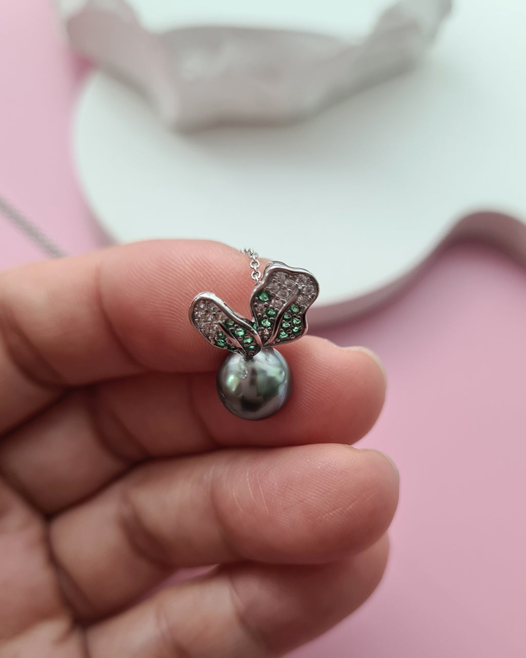 Cute Tahitian Pearl Pendant Necklace, Green Carrot Pearl Necklace in Sterling Silver