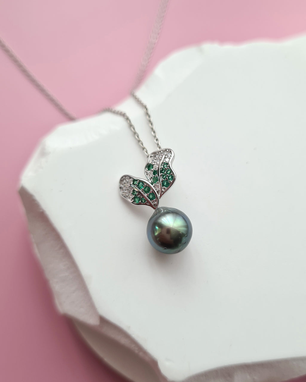 Cute Tahitian Pearl Pendant Necklace, Green Carrot Pearl Necklace in Sterling Silver