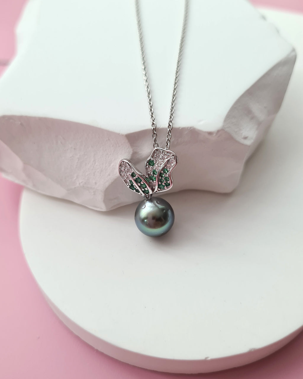 Cute Tahitian Pearl Pendant Necklace, Green Carrot Pearl Necklace in Sterling Silver