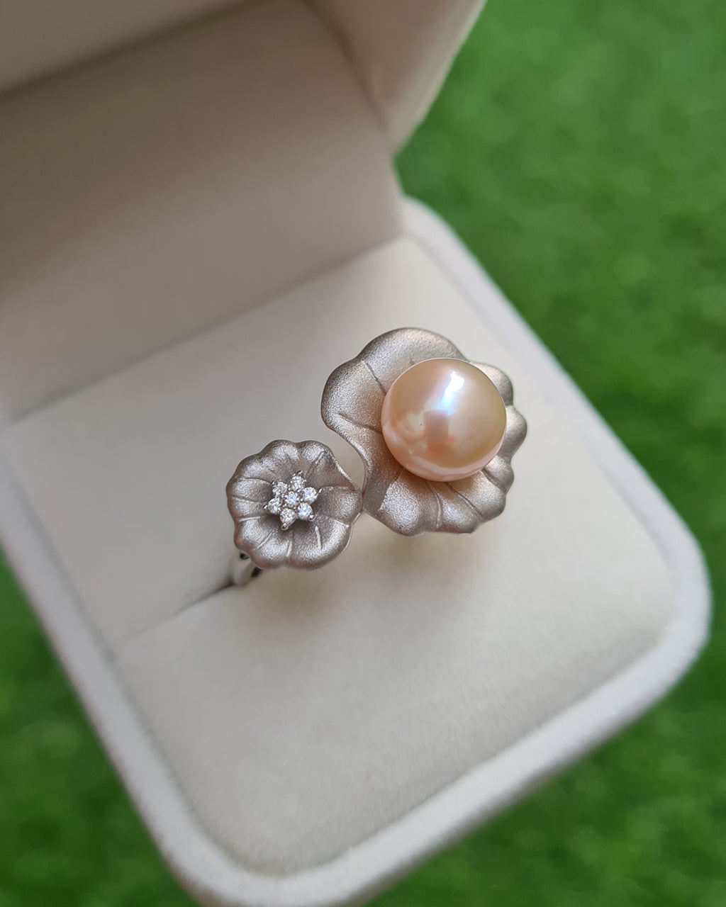 Double Flower White Pearl Open Ring with Floral Elegance - Water Poppy | Statement Cocktail Ring