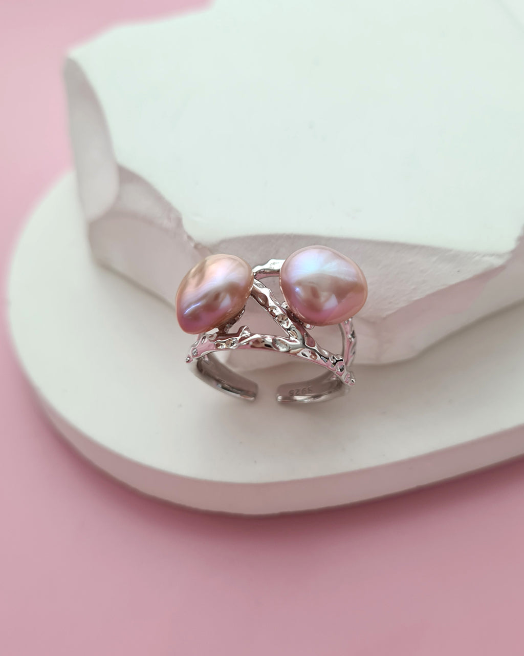 Double Keshi Pearl Twig Ring, handmade pearl jewelry in Singapore