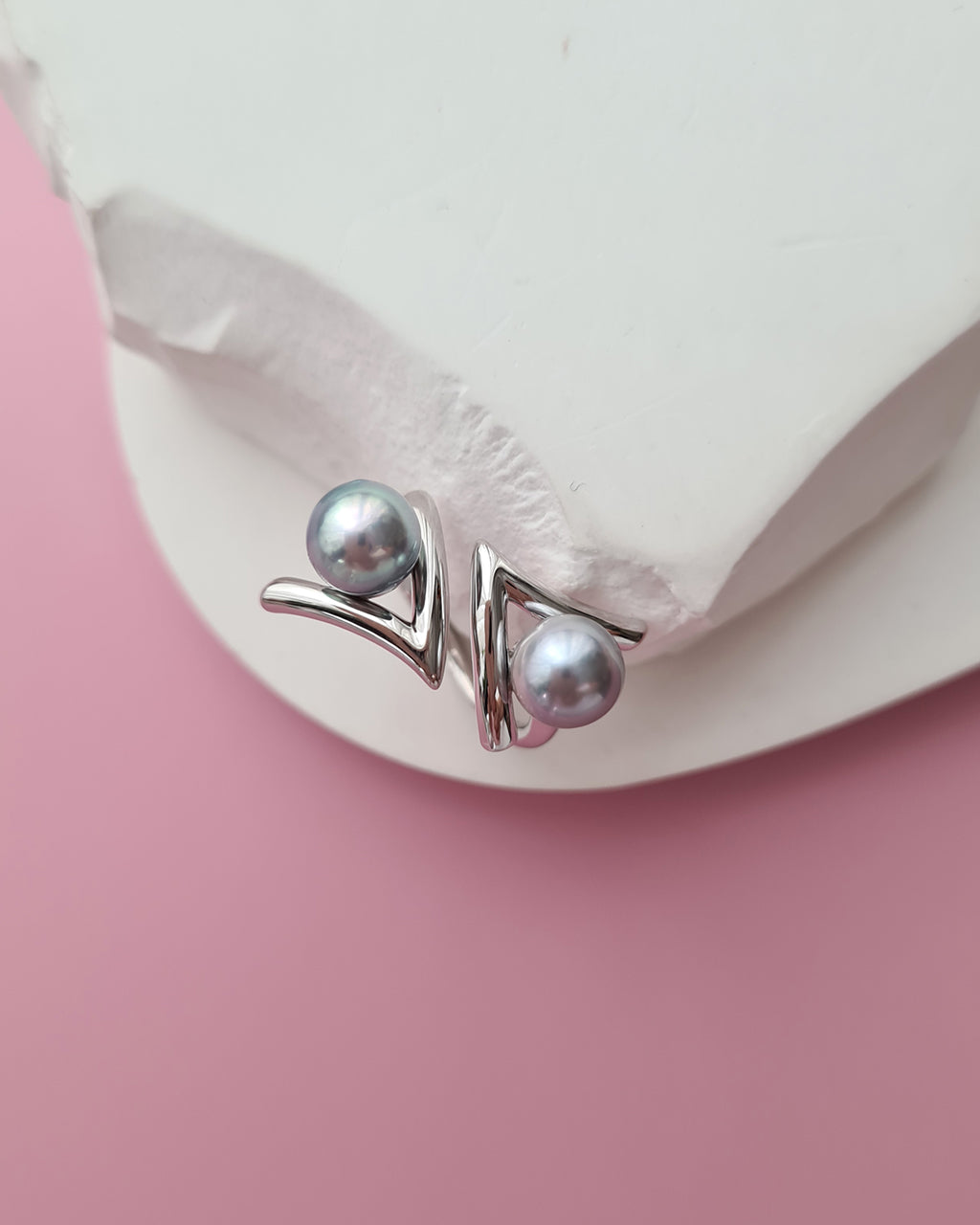 Double Silver Blue Akoya Pearl Open Ring, Handmade Pearl Jewelry in Singapore