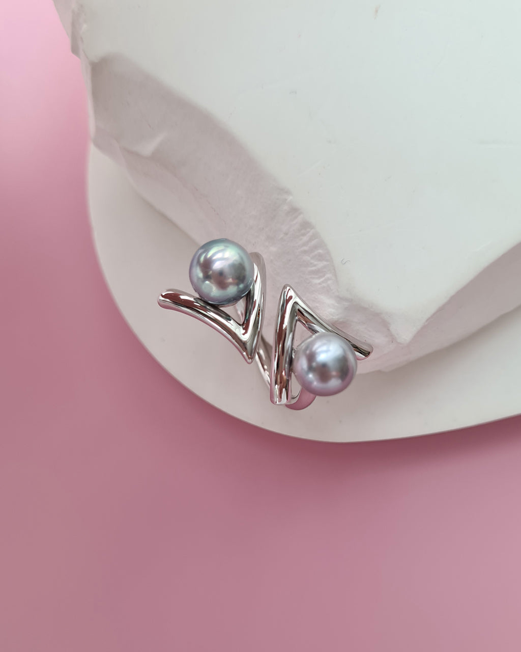 Double Silver Blue Akoya Pearl Open Ring, Handmade Pearl Jewelry in Singapore