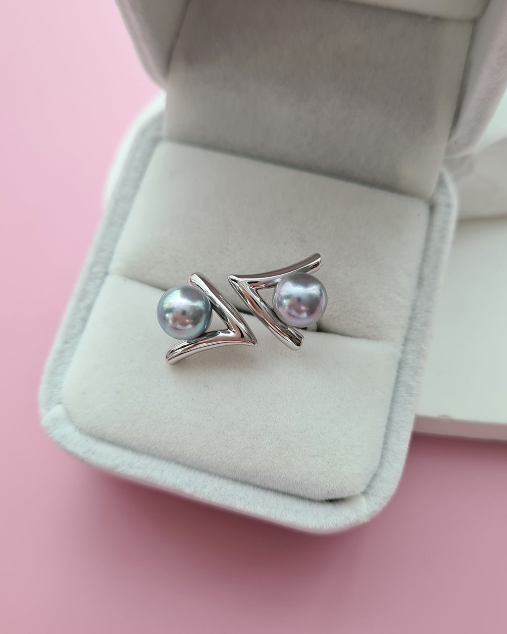 Double Silver Blue Akoya Pearl Open Ring, Handmade Pearl Jewelry in Singapore