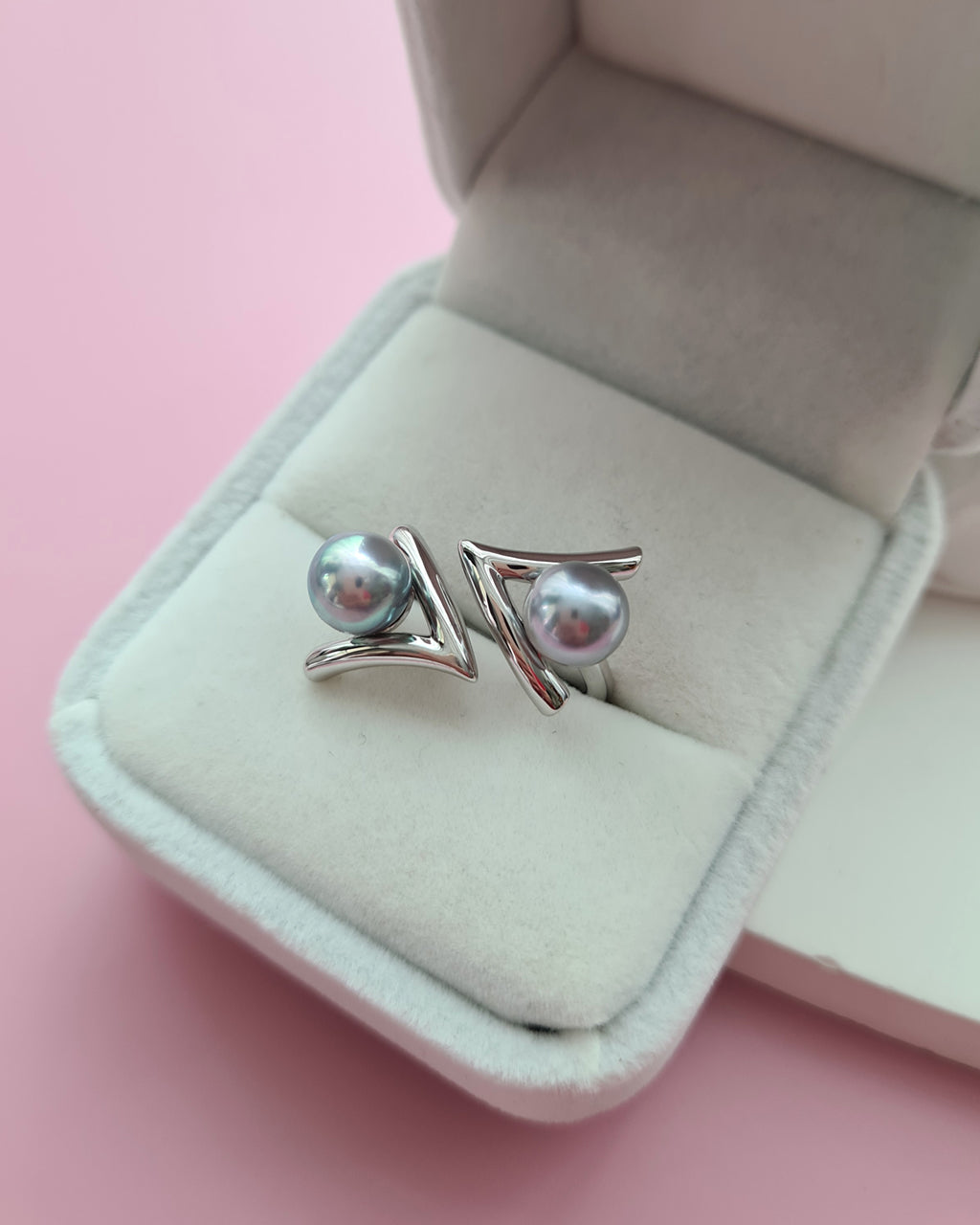 Double Silver Blue Akoya Pearl Open Ring, Handmade Pearl Jewelry in Singapore
