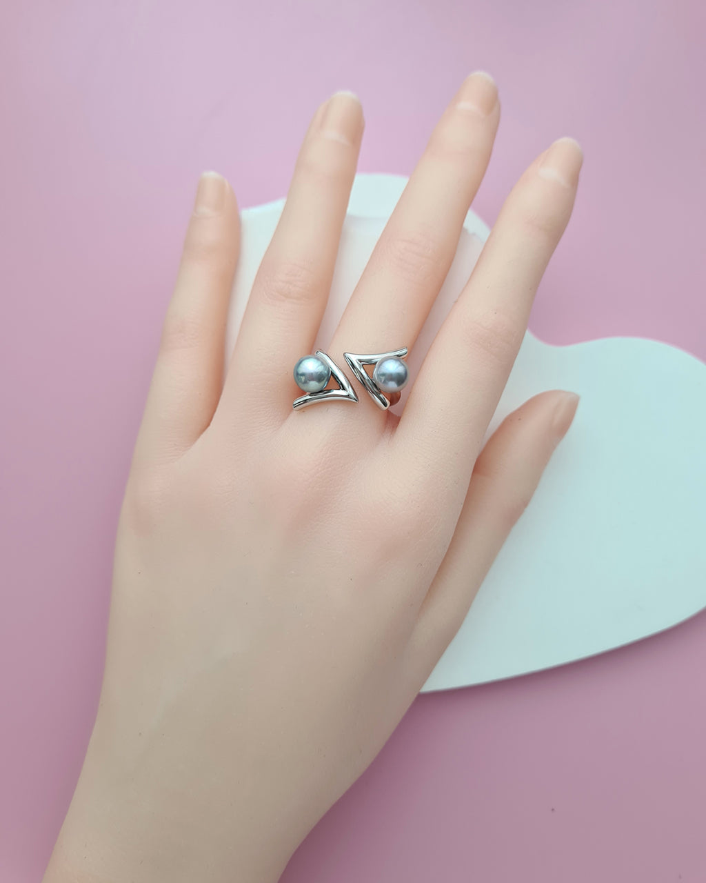 Double Silver Blue Akoya Pearl Open Ring, Handmade Pearl Jewelry in Singapore