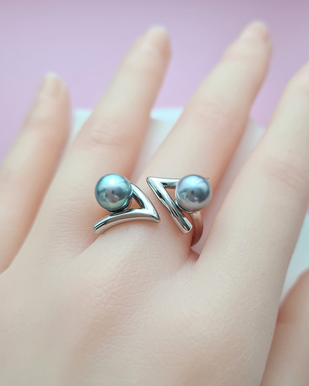 Double Silver Blue Akoya Pearl Open Ring, Handmade Pearl Jewelry in Singapore